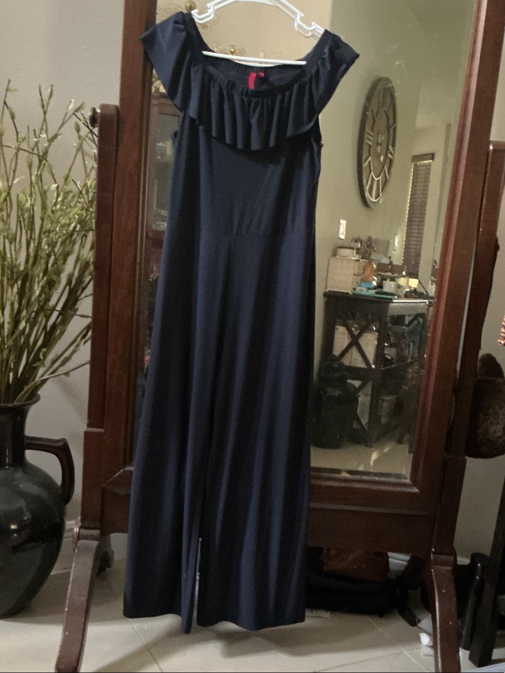 Navy Off-Shoulder Ruffle Wide-Leg Jumpsuit
